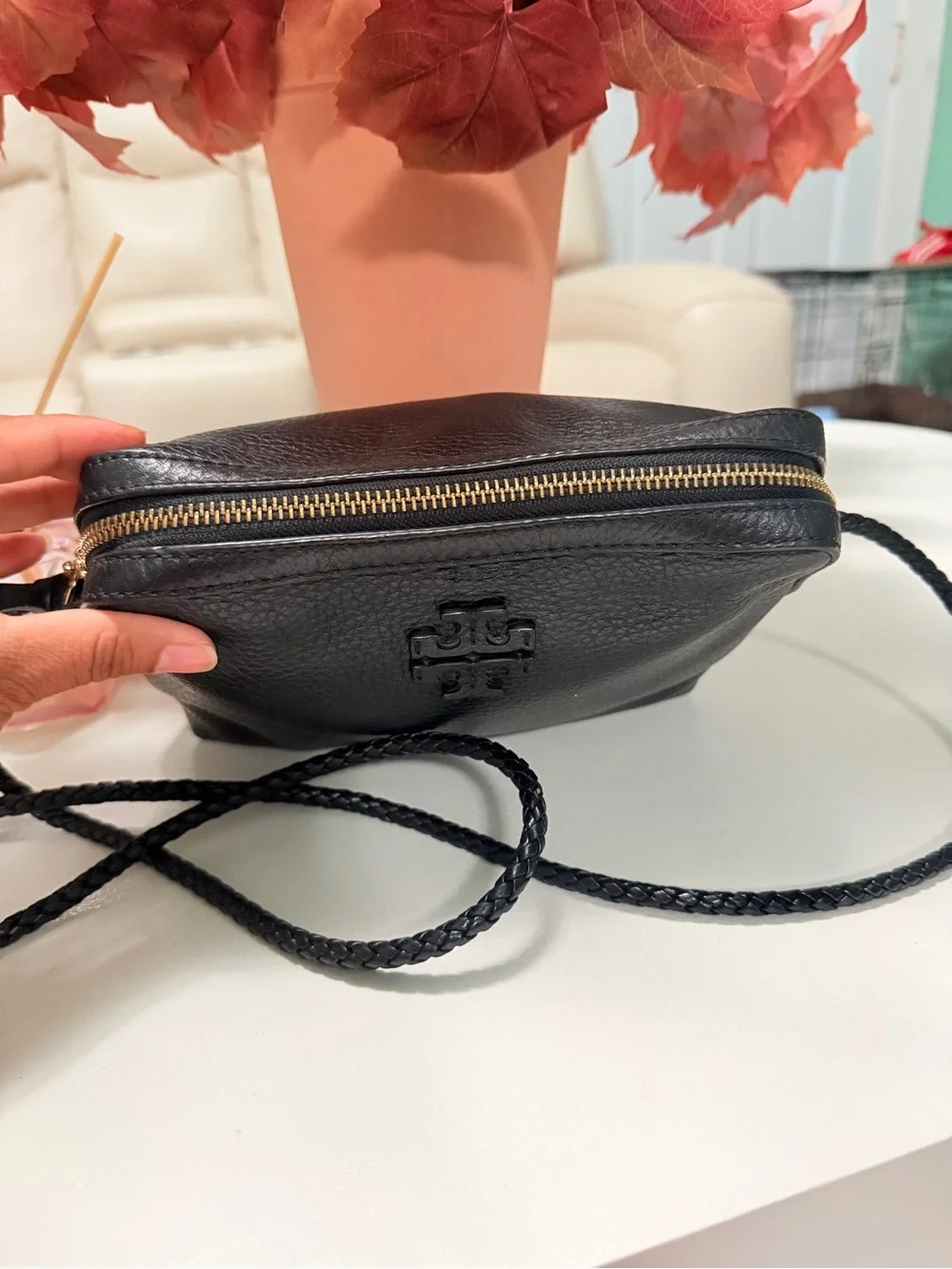 Tory Burch Black Pebbled Leather Braided-Strap Crossbody